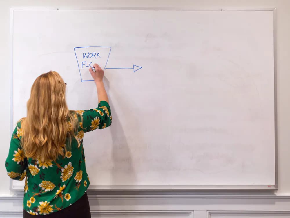 A partner sketching a workflow on a whiteboard